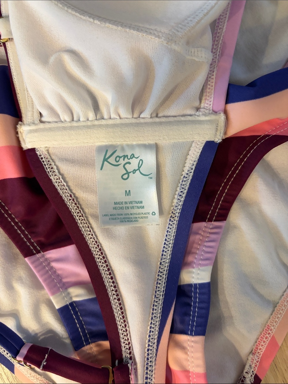 Kona Sol Stripe Bandeau Bikini Set Pink Purple Medium - Picture 3 of 6